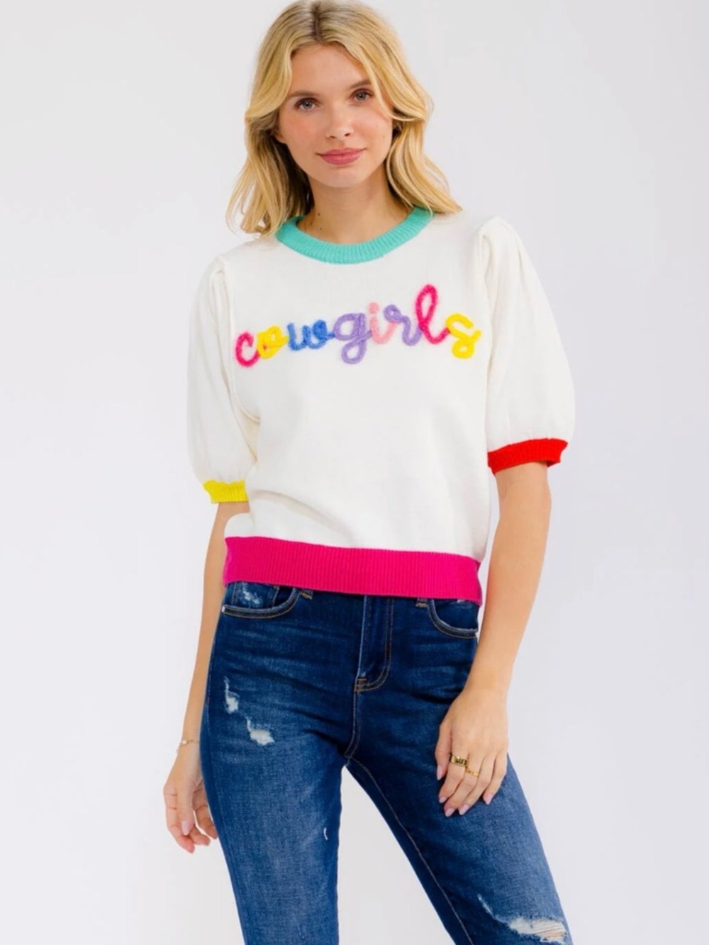 Giddyup, Cowgirl! Embroidered Puff Sleeve Sweater Top 🤠 🌈